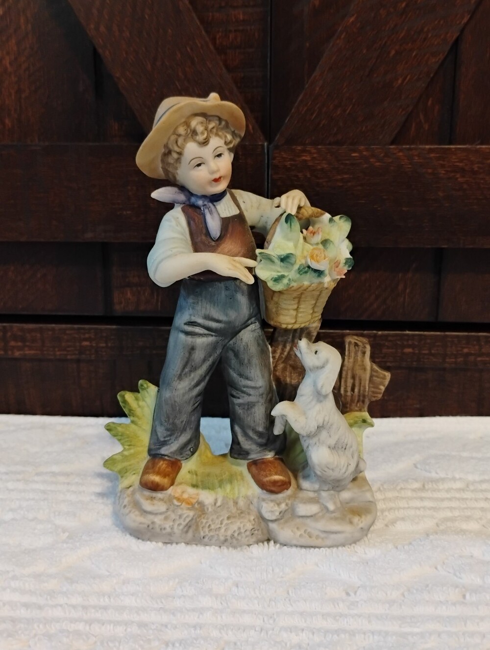 Vintage Japan Porcelain Farm Boy Floral Basket with Dog Figurine